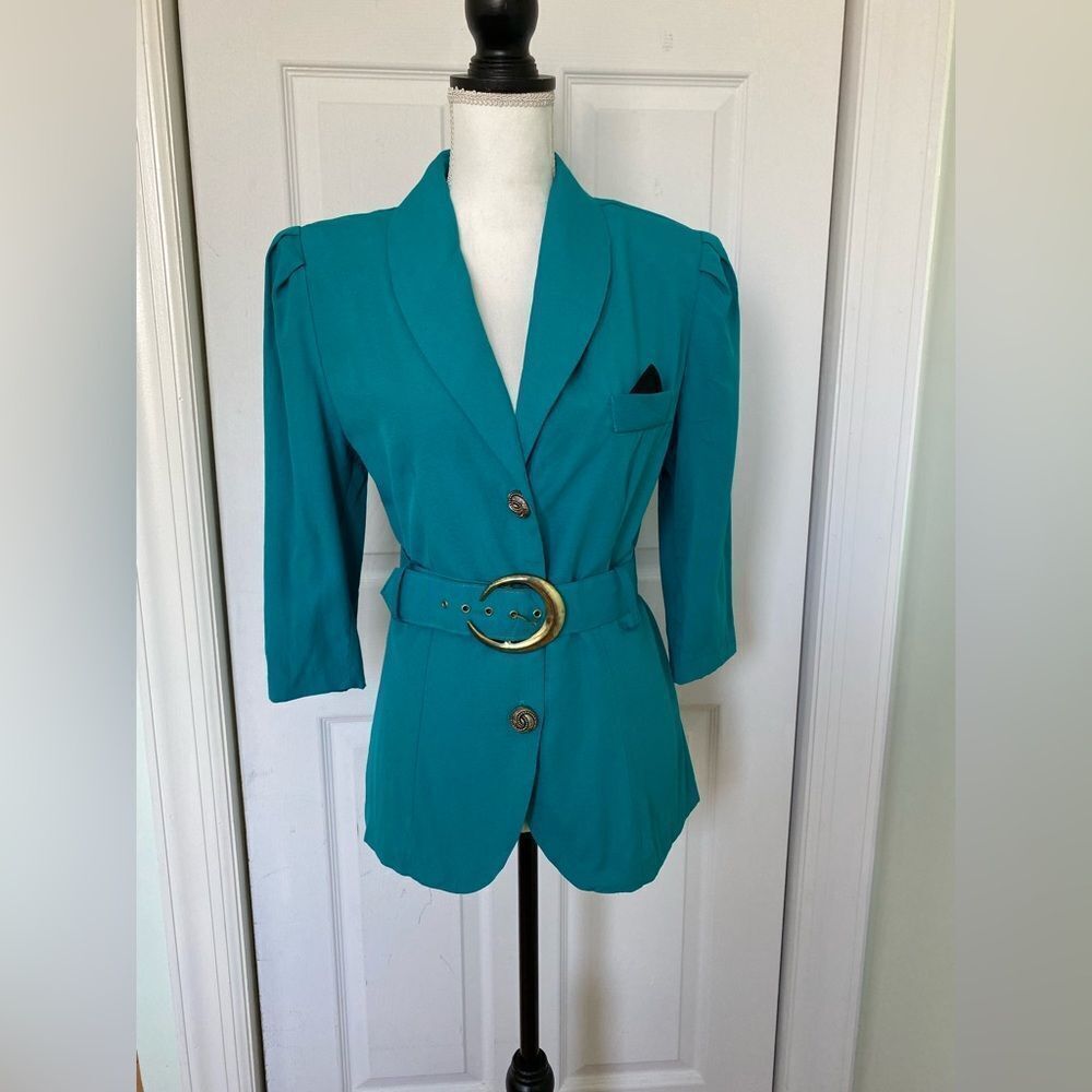 Vintage Fitted Teal Belted Power Blazer
